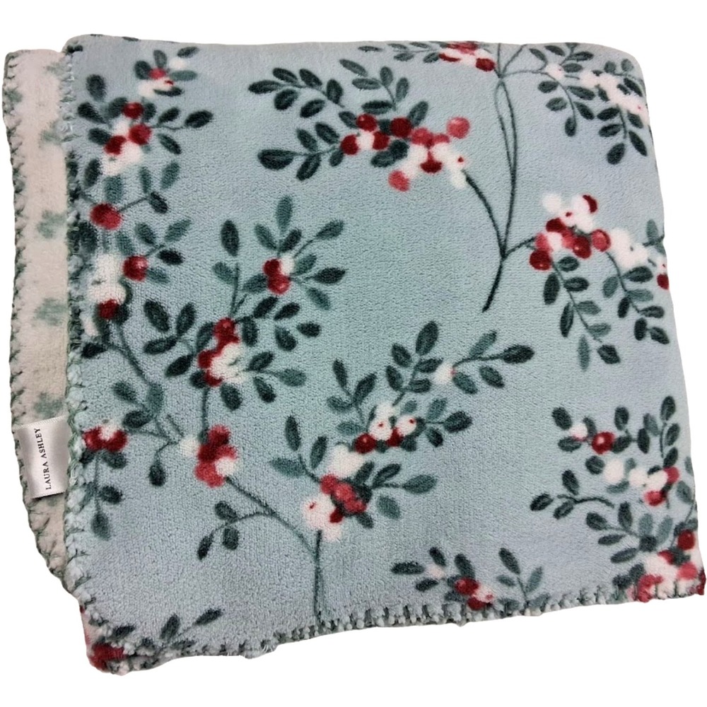 Laura Ashley Coco Plush Baby Blanket Berry Branch‎ Blue Floral Beige 30x40 Soft